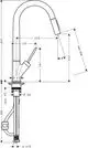 Einhebel-Küchenmischer von AXOR mit Ausziehbrause. Darstellung der Maße und Details in technischer Zeichnung.